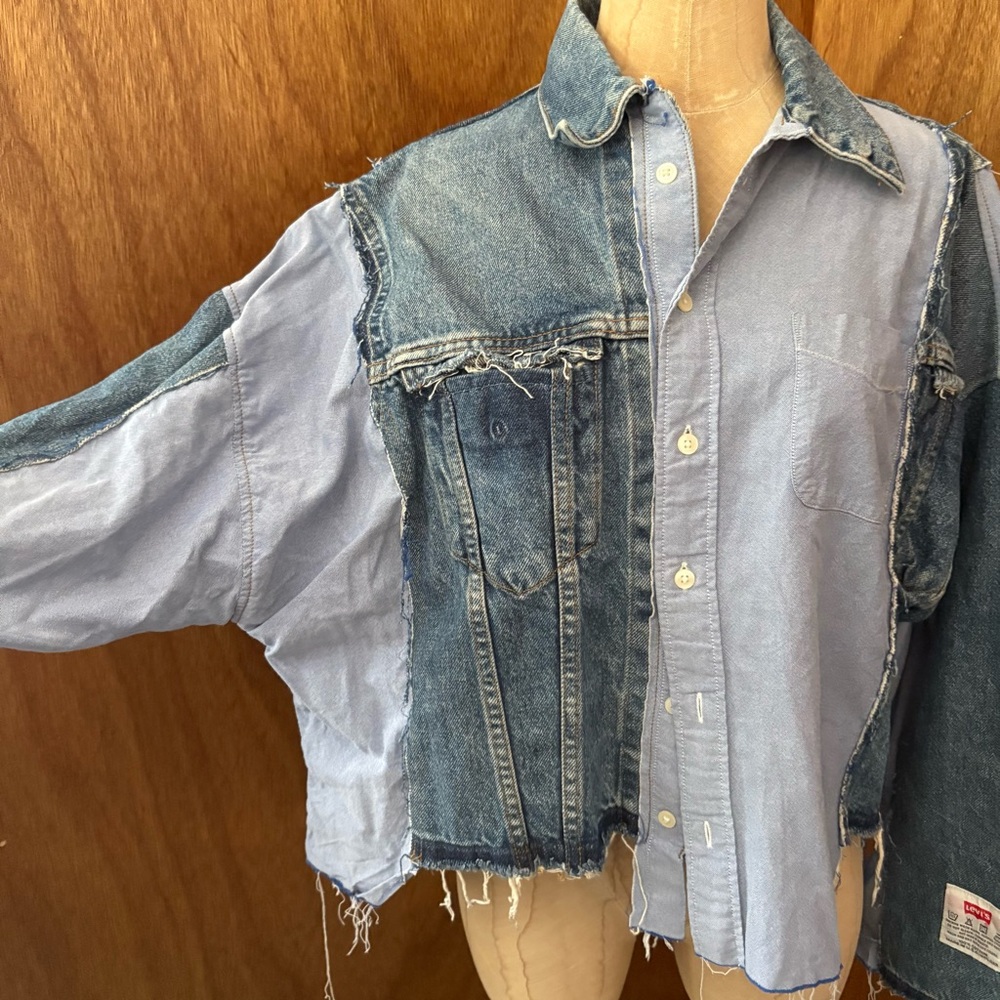 SOLD Levis sz L Remake DIY Denim Blue Button Down Shirt Long Sleeve Reconstructe - Picture 9 of 16